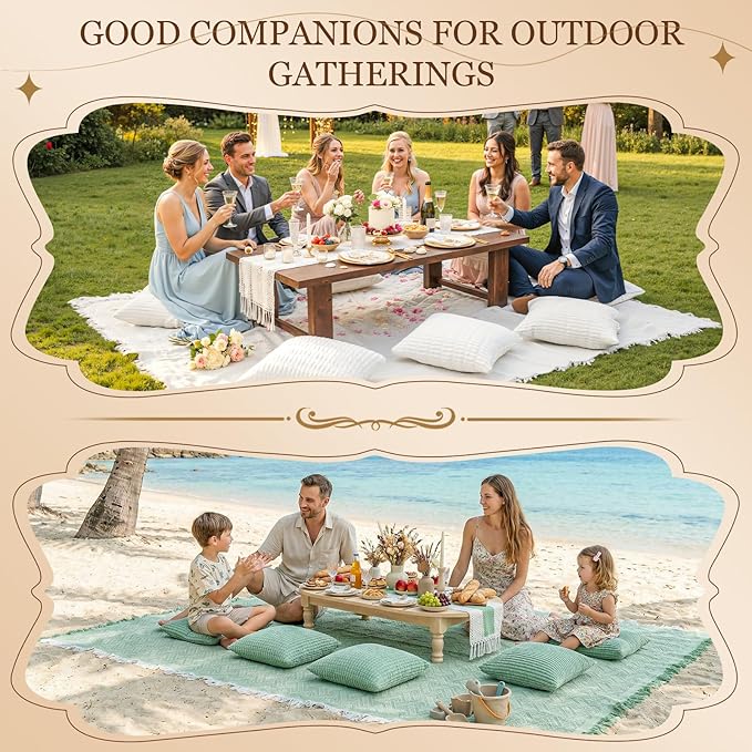 Extra Large Outdoor Rug Boho Picnic Blanket with Low Table Runner and 6 Throw Pillows Covers Set Wedding Party Decoration Photoshoot Home Garden Party Decor Patio Lawn Mat Beach Party theme Supplies