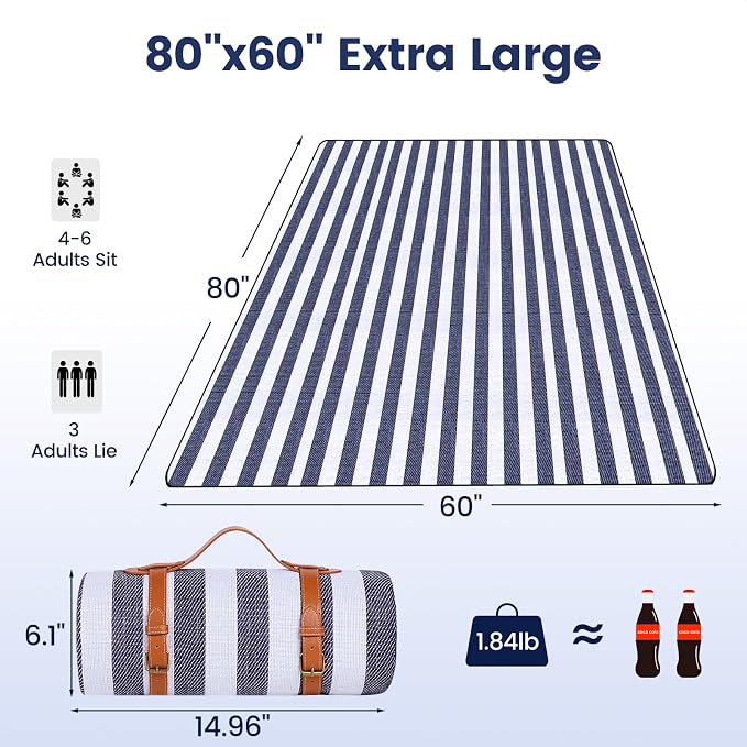 sapsisel 80”x60” Picnic Blanket Extra Large, Waterproof Picnic Blanket Beach Blanket