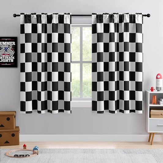 Rod Pocket & Back Tab Curtains, Race car Flag Checkered Curtains,100% Blackout, Thermal Insulated Noise Reducing Drapes for Bedroom, Black and White Curtains, 2 Panels, Each W52×L63