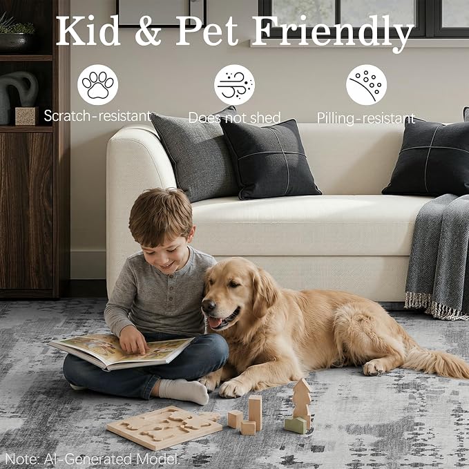 DCX Washable Abstract Area Rug 5x7, Non Slip Low Pile Rug, Gray | Easy to clean, non-shedding, soft, kid & pet friendly, with a non-slip rubber backing for living rooms, bedrooms, and offices