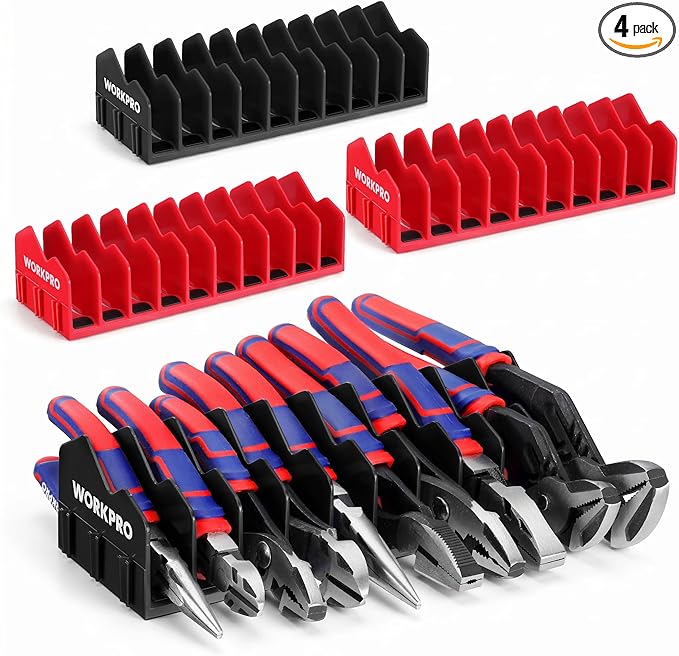 WORKPRO 4-Pack Plier Organizer Rack, 40-Slot Tool Organizer and Storage | Large Capacity Plier Holder, Non-Slip Rubber Base, High-Strength Plastic, Extendable Tool Box Organizer, Pliers Not Included