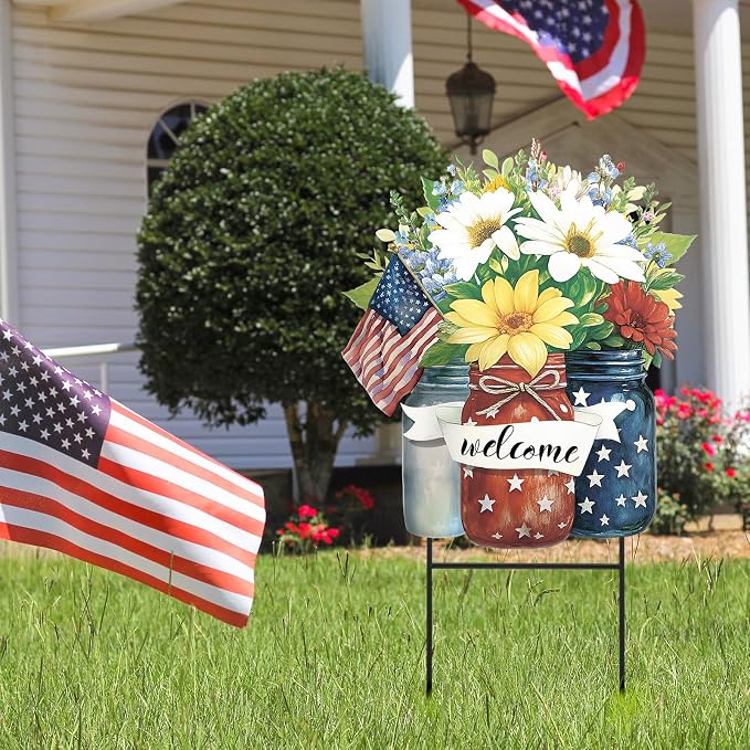 Amyhill 1 Pcs 4th of July Outdoor Decorations Patriotic Memorial Day Garden Stakes Mason Jars Welcome Yard Signs Decor Red White Blue Garden Stakes for Independence Patio Lawn Walkway Outside