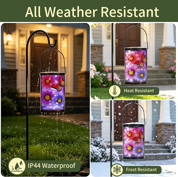 Hanging Solar Lantern Outdoor Waterproof Flowers Butterfly Solar Lights Glass Tabletop Decorative Lamp for Outdoor Patio Garden Outside Yard Decor