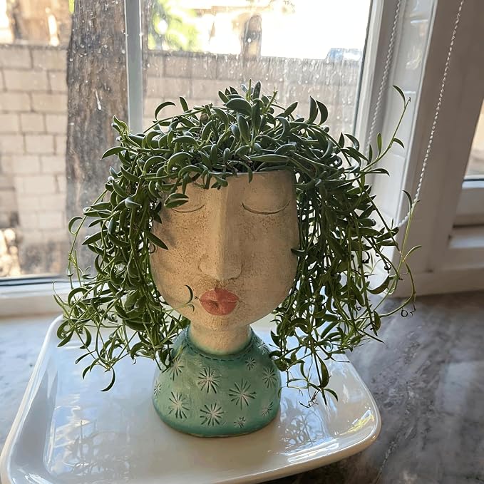 DiliComing Resin Face Planters Pots Head - 8 Inch Indoor and Outdoor Pot with Drainage Hole for Succulents Plants Home Garden Decor Unique Girl Sculpture Plant Pot