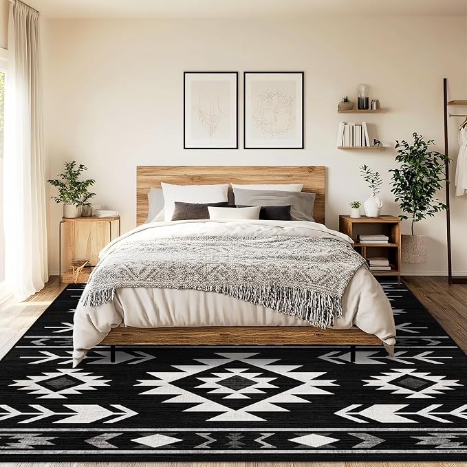 8x10 Area Rug for Living Room Western Rug Southwestern Aztec Tribal Rugs Southwest Navajo Machine Washable Non-Slip Printed Low-Pile Floor Carpet for Bedroom Dining Room Office, Black