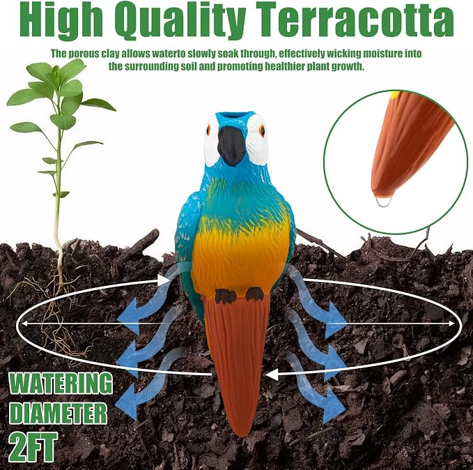 4 Pack Terracotta Watering Spikes, Self Watering Globes, Handmade Parrot Plant Watering Bulbs, Automatic Watering Devices for Indoor Outdoor Garden Vacation