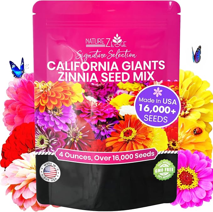 NatureZ Edge Zinnia Seeds for 2026 Planting Outdoors, Over 16,500 Flower Seeds, 1/4 lb, Non GMO Made in USA, Bulk Semillas De Flores para Sembrar, California Giants, Easy to Grow Zinnia Seed Mix