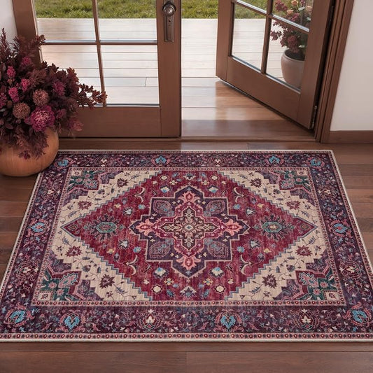 Tangsoo Oriental Small Area Rugs for Entryway, Non Slip 2x3 Washable Rug | Tangsoo Vintage Indoor Front Door Rug Mat, Soft Low Pile Print Small Carpet Throw Rugs for Entry Entrance Kitchen Burgundy