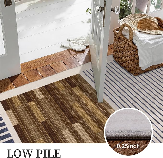 6x9 Washable Area Rug for Living Room, Abstract Striped, White Brown Black | Modern Geometric Color Block, Ivory Low Pile Non Slip Rug for Bedroom Dining Room Office, Soft Faux Wool