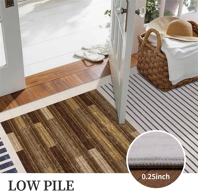 8x10 Washable Area Rug for Living Room, Modern Abstract, White Brown Black | Geometric Striped Color Block, Ivory Low Pile Non Slip Rug for Bedroom Dining Room Office, Farmhouse Decor