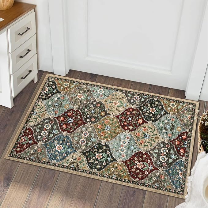 ROYHOME Small Rug Trellis Floral Washable Area Rug Doormat 2' x 3' | Stain Resistant Non-Slip Entryway Rug Distressed Floral Floor Carpet for Front Entrance Kitchen Bathroom, Red/Brown