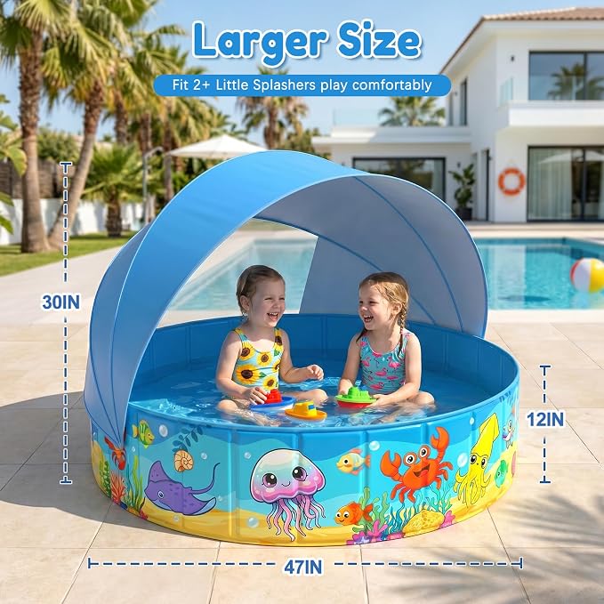 Foldable Kiddie Pool with Canopy 47IN Baby Swimming Pool for Kids | 47IN Toddler Baby Pool with UPF 50+ Shade, Carry Bag Non-Slip, Non-Inflatable Portable Water Play Pool for Backyard Beach