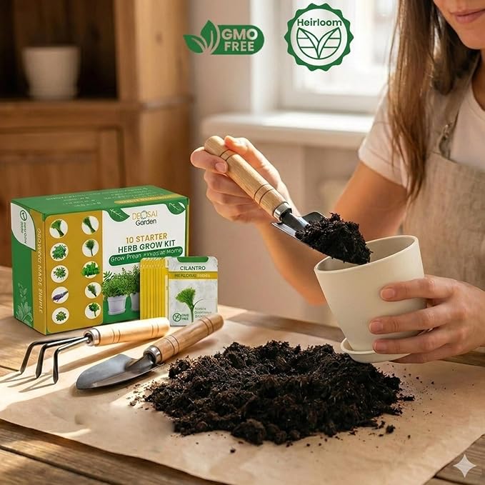 47 PCS Herb Garden Seeds Starter Kit, 10 Non-GMO Culinary Herb Seeds with Beige Pots & Planters for Windowsill, Herb Growing Kit Indoor & Outdoor, Unique Herb Garden Gift Set for Gardening Lovers