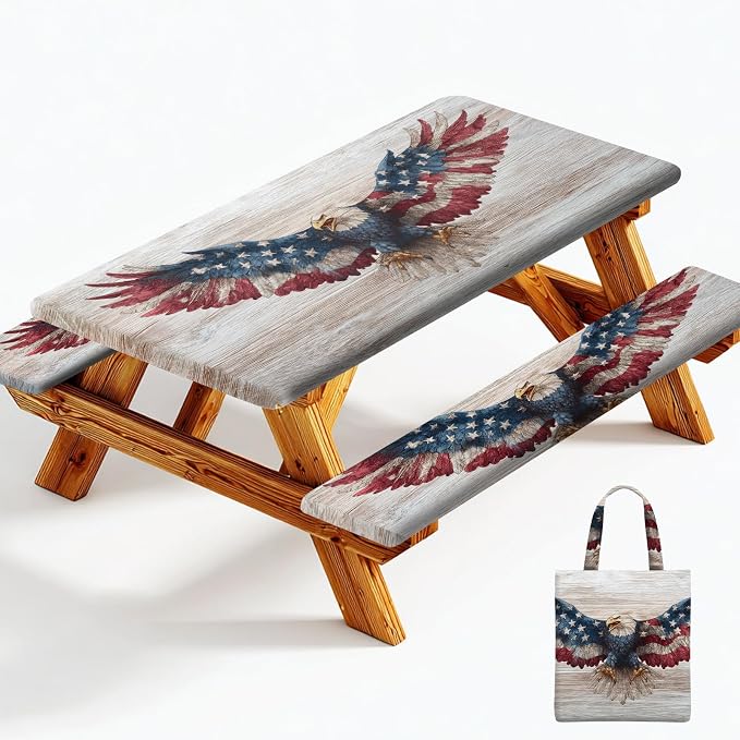Picnic Table Cover with Bench Covers Elastic Edges, Outdoor Patio Camping Essentials 72 Inch 3PCS, Waterproof Camping Fitted Tablecloth with Handbags (American Flag Eagle)