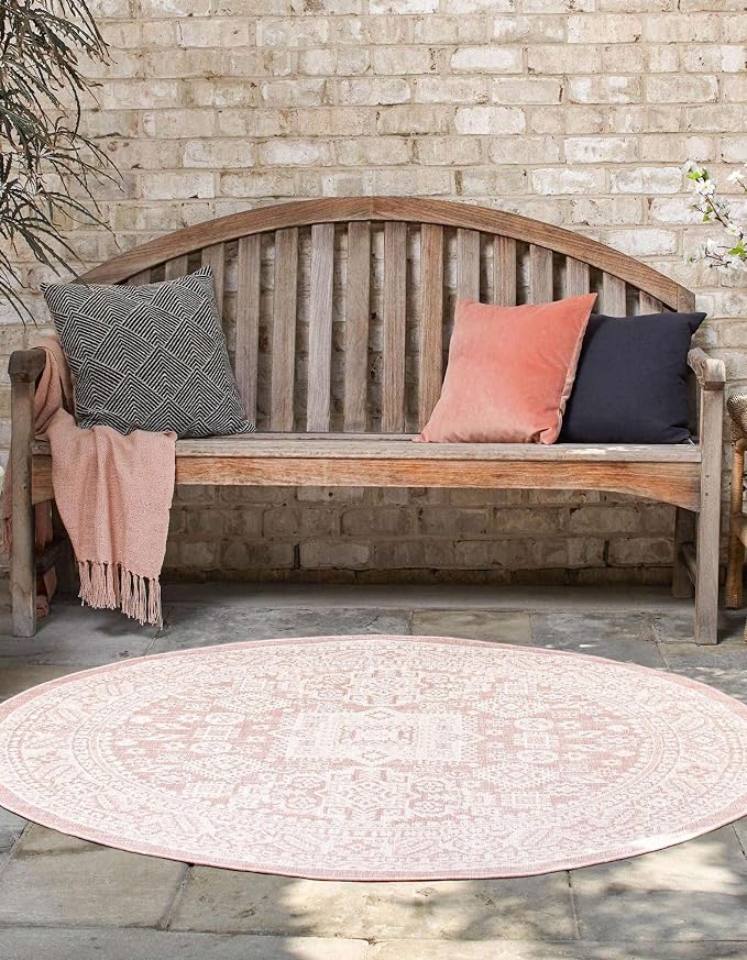 Unique Loom Outdoor Aztec Collection Area Rug - Chalca (13' Round, Pink/ Ivory)