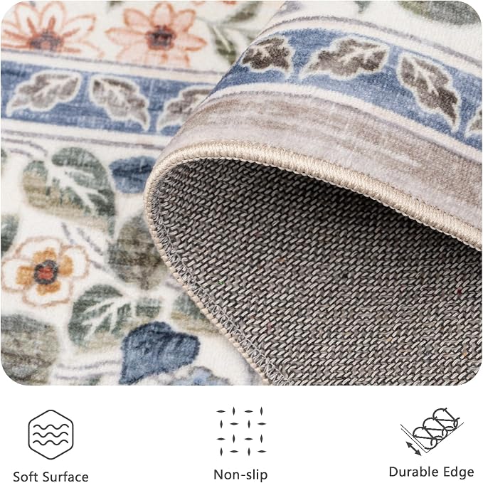 5x7 Area Rugs, Vintage Washable Rug for Bedroom, Indoor Non-Slip Rugs for Living Room, Dining Room, Low Pile Home Decor Floral Rug(Beige Floral)