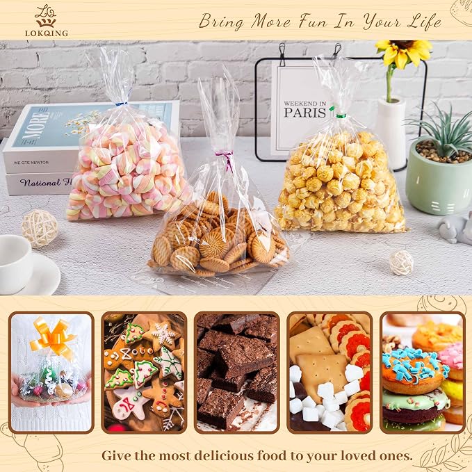 LOKQING Cellophane Bags Plastic Mothers Day Gift Bags Clear Cookie Treat Bags with Twist Ties for Party Favor, Graduation Gift Bags(200 Pack, 8x11inch)