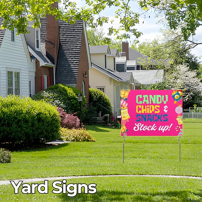 Candy, Chips & Snacks - Stock Up! Yard Sign by DC | 24"x18" Double Sided Conv. Store Garden Sign with 13” Metal Stakes | Outdoor Signs Waterproof for Lawn, Patio, Sidewalk & House | Set of 5