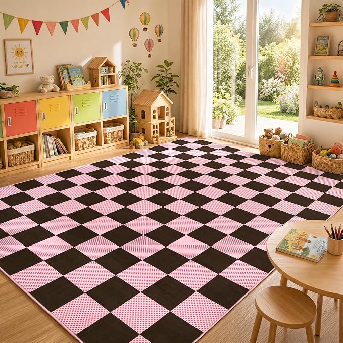 GarveeHome Checkered Brown Pink 3x5 Washable Girls Low-Pile Rug for Bedroom | Non-Slip Geometric Modern Small Brown Pink Soft Stain Resistant Boys Rug for Living Room Bathroom Entryway TPE Backing