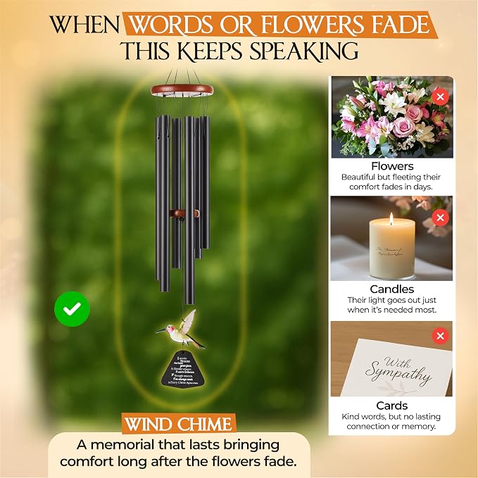 32 Inch Hummingbird Memorial Wind Chimes Outdoor, Sympathy Gifts for Loss of Loved One, Memorial Gifts for Loss of Mom, Sympathy Wind Chimes for Mother, Father, Brother, Sister
