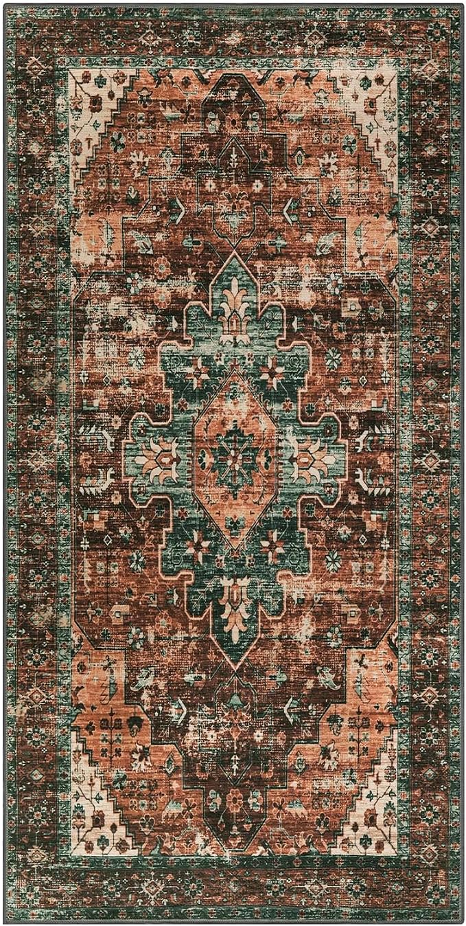 Moynesa Ultra-Thin Washable Runner Rug - 2x4 Laundry Room Rug Runners for Kitchen Non-Slip, Vintage Stain Resistance Non Shedding Bedroom Carpet Runner for Bathroom Hallway, Brick Red