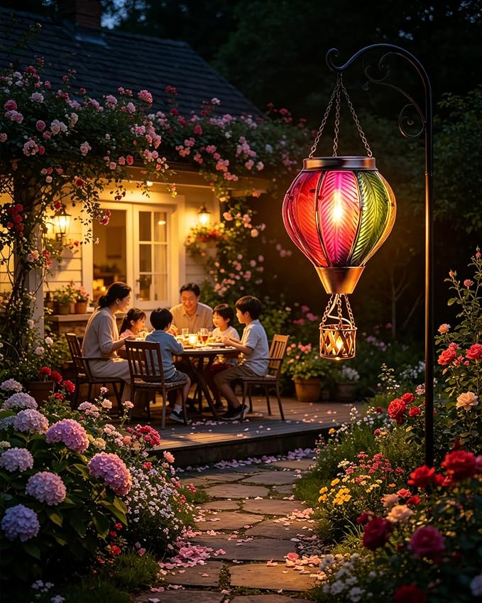 Larekook Rainbow Solar Hot Air Balloon Lantern with Flickering Flame Light,Glass Outdoor Garden Decor,Hot Air Balloon Solar Lantern Outdoor Waterproof Hanging Light for Yard Patio Porch Lawn