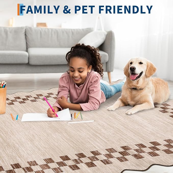 GarveeHome Small Scalloped Rug 2x3 Washable Modern Checkered Entry Rugs | Solid Color Kitchen Rugs, Bedroom Doormat, Non Slip Stain Resistant Bordered Throw Carpet for Living Room Nursery, Beige