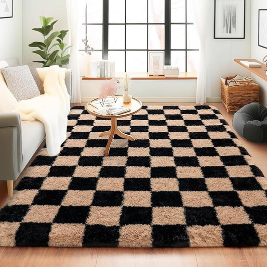 Checkered Rugs for Bedroom, 4x6 Ultra Fluffy Fuzzy Shag Area Rug for Living Room, Modern Plush Soft Upgrade Non-Slip Carpet for Kids Girls and Boys Room Dorm Nursery Home Decor, Black and Beige