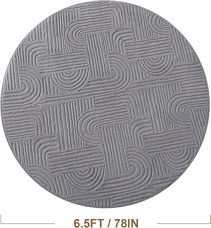 Carvapet 6.5ft Round Abstract Rug Dark Gray Washable High Low Pile Carpet | Soft plush textured carpet with non slip backing for large living rooms, bedrooms, nurseries and cozy spaces