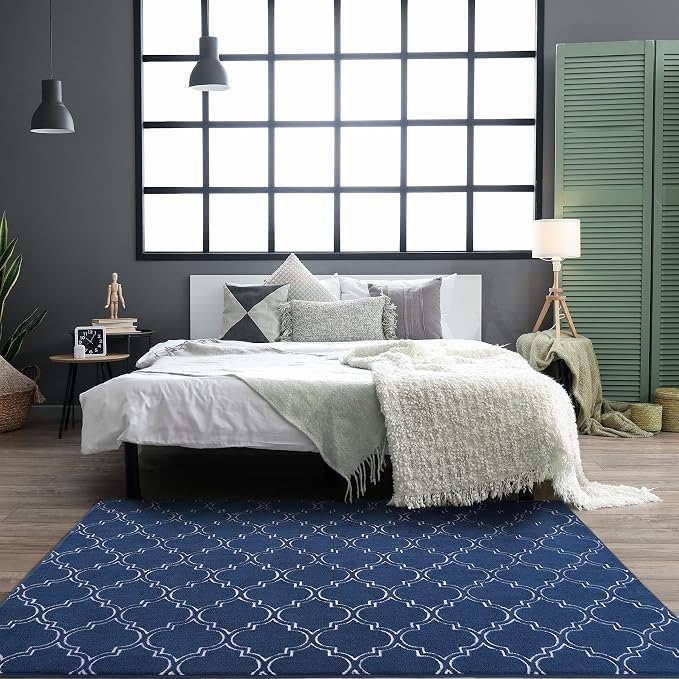 Chicrug 4x6 Shag Geometric Modern Area Rug for Bedroom Living Room | Memory Foam Indoor Carpet, Fluffy Rug for Bedside Room for Family Girls Kids Play Mat, Navy and White