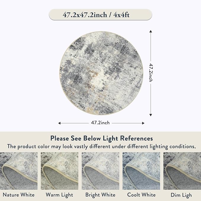 Lahome Modern Abstract Round Rug - 4Ft Grey Small Bathroom Rug Indoor 4x4 Circle Rugs Washable Kitchen Mat, Non Slip Contemporary Bedroom Carpet for Living Dining Room Office Nursery