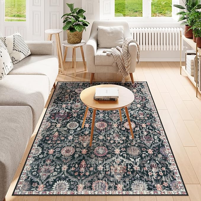 Lahome Moroccan Washable Rugs for Living Room, 4x6 Rug for Bedroom Non-Slip | Non-Slip Vintage Trellis Ultra-Thin Throw Carpet for Dining Room Office Nursery Elise, Black/Multi