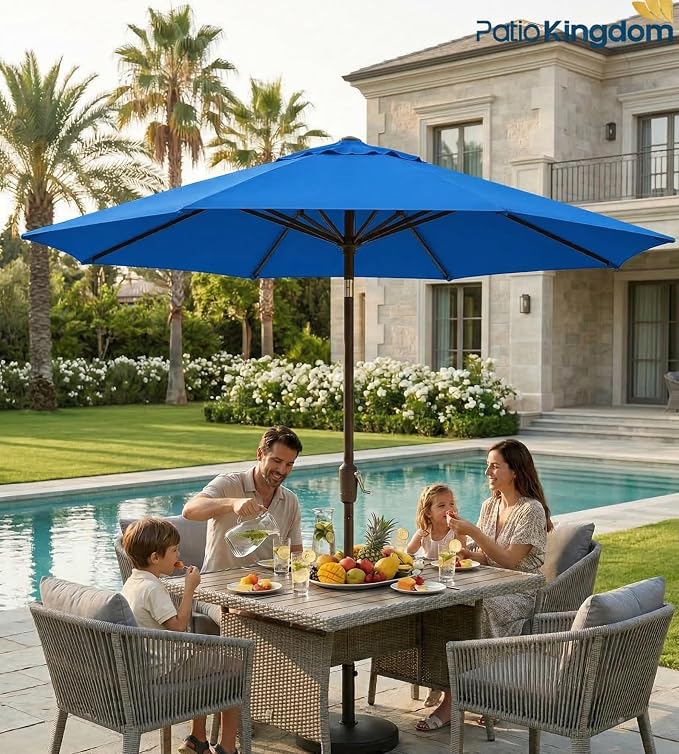 PatioKingdom 9FT Patio Outdoor Umbrella-UPF 50+ Sun Shade with Wind Vent, Push-Button Tilt & Smooth Crank Lift, Rust-Resistant Fiberglass Frame for Garden, Backyard,Yard (Royal Blue)