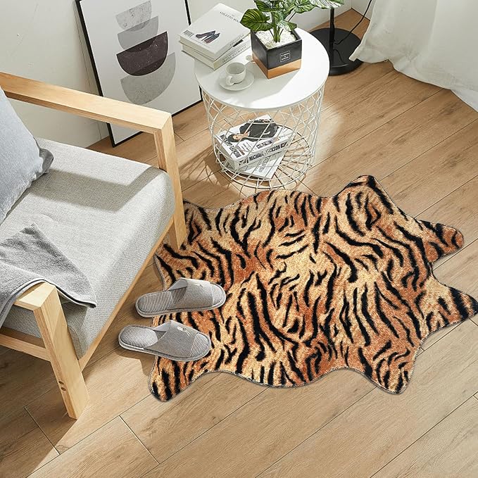 MACEVIA Tiger Printed Skin Area Rugs Western Decor for Living Room Bedroom Faux Animal Area Carpet Non-Slip Flannel Floor Mats 43.3" L x 29.5" W(3.6ft x 2.4ft)