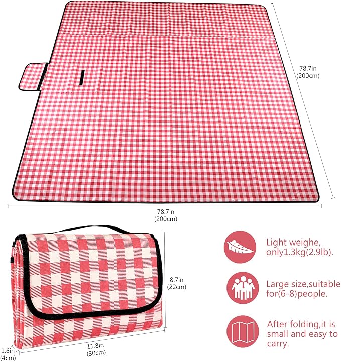 Picnic Blanket Waterproof Beach Rug 79''x79'' Picnic Mat Washable Lightweight with Handle Red Checkered for Hiking Travelling Outdoor Camping,Parks