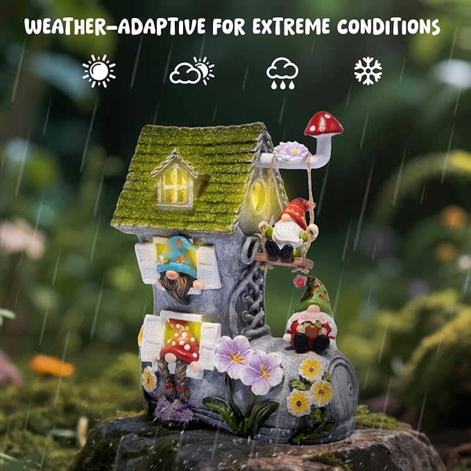 Hodao Spring Solar Gnomes Garden Decor - Whimsical Shoe House with Swinging Gnome, Hand-Painted Floral Base & Mushroom Swing for Porch, Yard, Flower Bed Garden Gifts for Women, Mom (Grey)