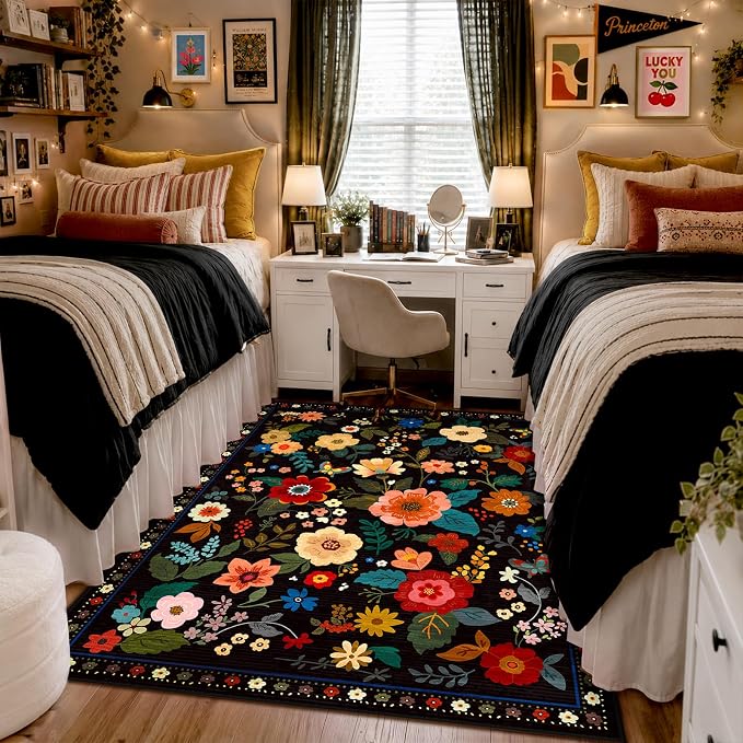 RELEANY Floral Washable 5x7 Area Rugs Black | Flower Carpet, Print, Boho, Non-Slip, Easy to Clean, Soft, Low Pile for Living Room Bedroom Kitchen Office Entryway Hallway