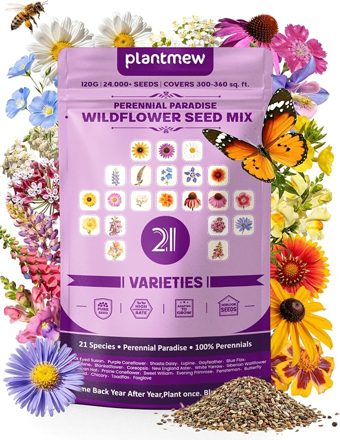 Wildflower Seeds – Perennial Paradise Mix, 21 Heirloom Species, 24,000+ Seeds (4oz) Covers 300-360 sq. ft., High Germination for Outdoor Pollinator Garden