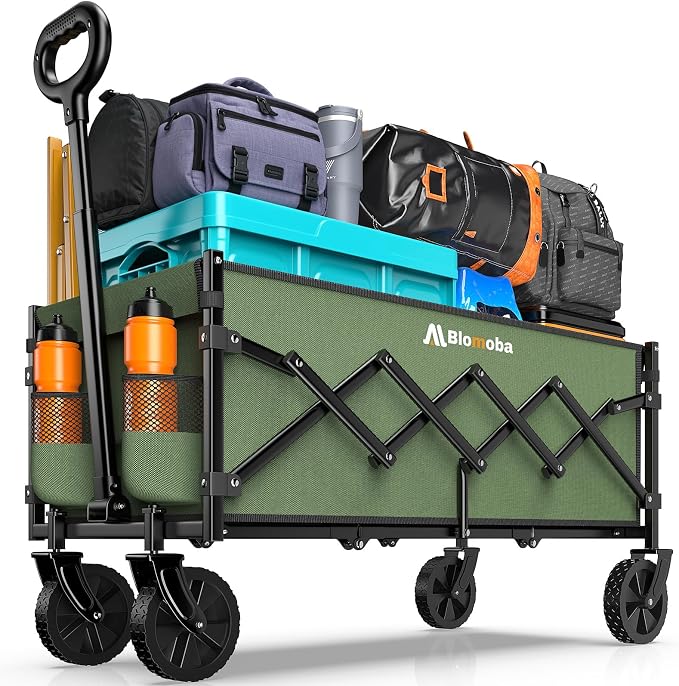 35'' Extra Long Collapsible Wagon with Wheels, 220 LBS Folding Wagon with 360° Swivel Wheels Adjustable Handle, Lightweight Portable Utility Cart for Grocery, Shopping, Garden, Sports, Camping, Green