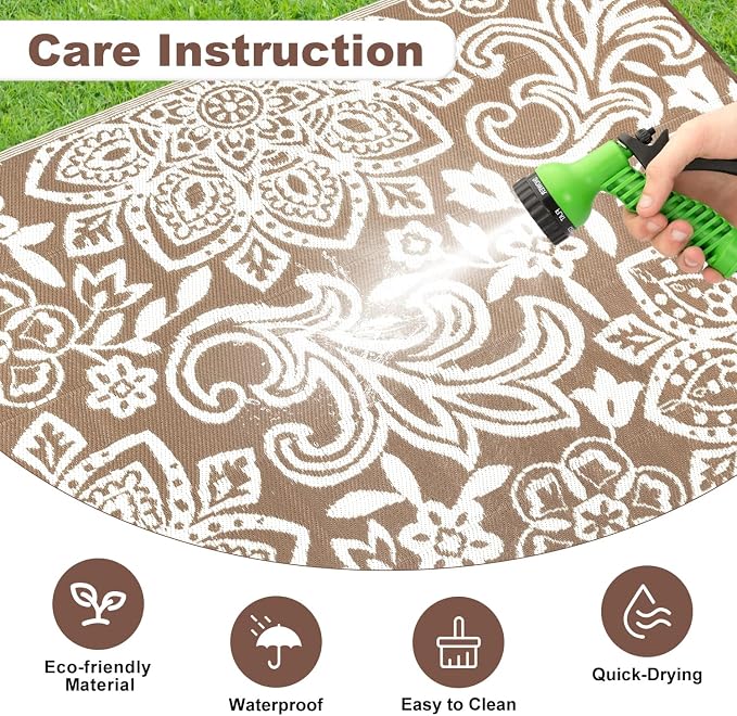 Findosom Waterproof Outdoor Rug 8' x 10' - Reversible Mandala Outdoor Plastic Straw Rug, Durable Foldable Patio Rug for RV, Deck, Balcony, Backyard, Picnic, Porch, Camping, Beach, Brown