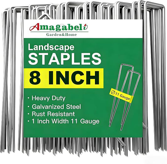 AMAGABELI GARDEN & HOME 300 Pack Galvanized Landscape Staples 8 Inch 11 Gauge Garden Staples Garden Stakes Plant Cover Stakes U-Shaped Landscape Stakes Landscape Pins for Weed Barrier Fabric