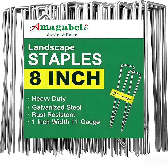 AMAGABELI 8 Inch 200 Pack Galvanized Landscape Staples 11 Gauge Anti-Rust Heavy Duty Garden Stakes Plant Cover Spikes U-Shaped Sod Pins Fence Stakes for Weed Barrier,Irrigation Tubing,Lawns,Decoration
