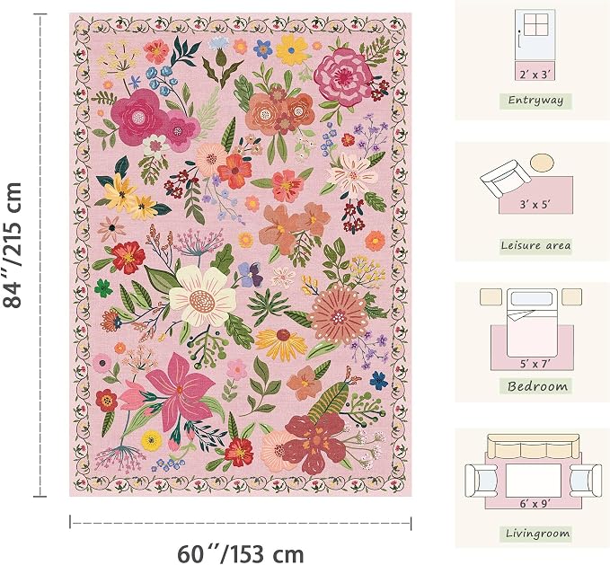 Latte&Fog 3x5 Entryway Area Rugs, Washable Floral Pink Rugs for Living Room | for Girls Bedroom Dining Kitchen Kids Playroom Nursery Classroom Dorm Farmhouse Office, Non Slip Low Pile Soft Floral Carpet