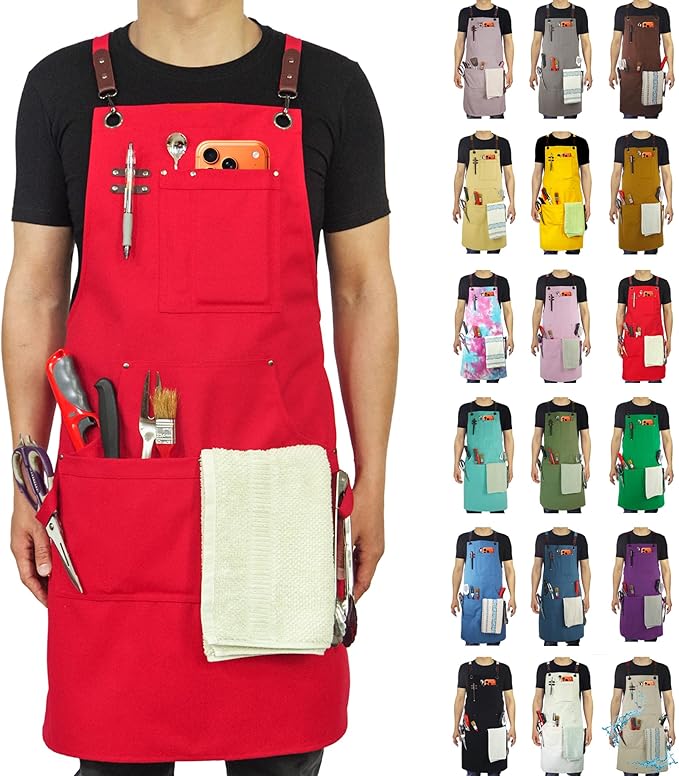 Kitchen Apron, Work Apron, Canvas, Multiple Pockets, Gardening, Painting, BBQ, Artist, Carpenter, Sizes M to XXL, Red | Multiple Pockets, Gardening, Painting, BBQ, Artist, Carpenter, Sizes M to XXL
