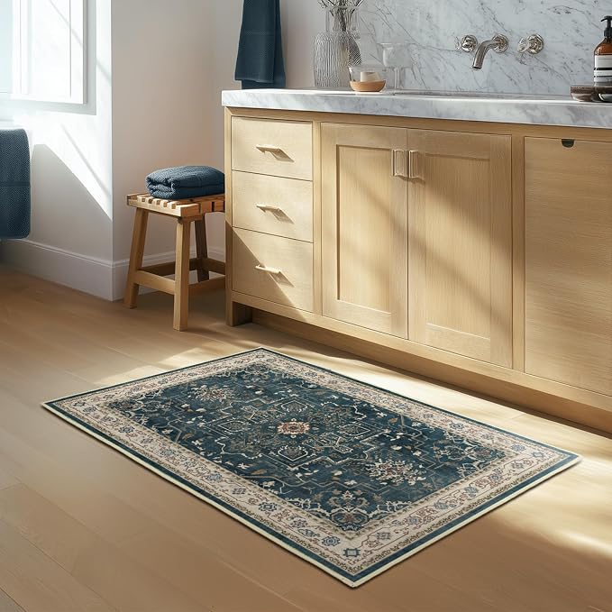 Vintage Distressed 2x3 Kitchen Rugs Washable Non Slip, Medallion Door Mat Indoor Entrance Entryway, Small Low Pile Rugs for Bedroom/Bathroom Vanity/Laundry Room, Deep Blue/Multi