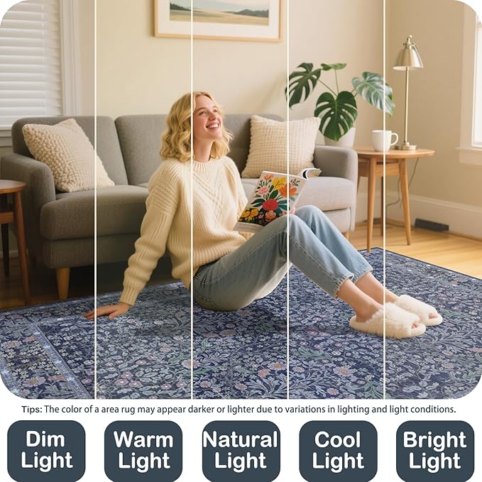 4x6 Area Rug for Bedroom Beside Rug, Laundry Room, Entryway, Kitchen, Washable Non-Slip Low Pile Ultra Soft Stain Resistant Carpet (Blue)
