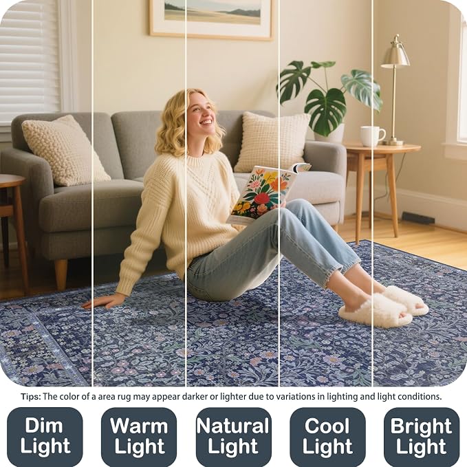 Area Rug for Living Room, 10x12 Large Washable Rugs for Dining Room, Bedroom, Non Slip Stain Resistant Carpet, Low Pile Vintage Floral Rug (Blue)