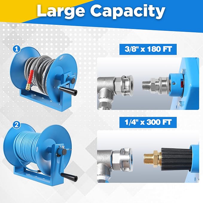 RIDGE WASHER Pressure Washer Hose Reel 180FT x 3/8" | Heavy Duty, High Capacity, 4000 PSI, 3/8" Whip Hose, Manual Crank