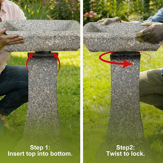 SKYFIRE 22.8" Tall Square Bird Bath, Concrete Freestanding Pedestal Birdbath, Modern Granite-Look Outdoor Bird Bath Bowl for Garden, Patio, Yard & Lawn Decor - 15" Dia. x 22.8" H