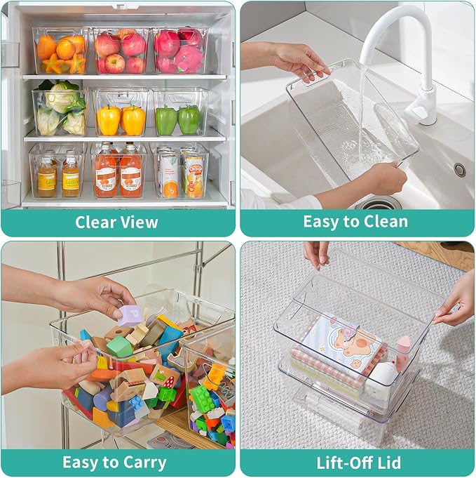 6 Pack Large Clear Storage Bins with Lids, Acrylic Arts and Craft Storage Containers, Stackable Clear Plastic Craft Storage Bins with Handles for Pantry Organizers and Storage, Kitchen, Fridge, Office